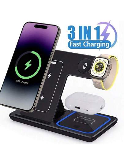 حامل شحن لاسلكي سريع ثلاثي الأغراض ، 15 واط تعرف على الشحن اللاسلكي الذكي بدون إلحاق الضرر بالجهاز ، تصميم إضاءة محيطة ، قابل للطي وللتخزين والسفر دون عبء ، مناسب لمكتب ، سكن الطلاب ، المنزل ، متوافق مع هواتف آيفون 16 15 14 13 12 11 إكس 8 بروماكس/برو/ميني