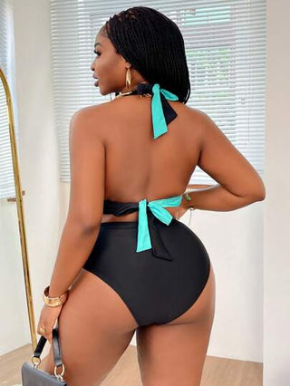 SHEIN Slayr CURVE بيكيني مقاسات كبيرة سيدات 2 قطعة مجموعة لون تباين حزام متقاطع خصر عالي مثلث، للاستخدام اليومي، البحر، الكاجوال، العطلات