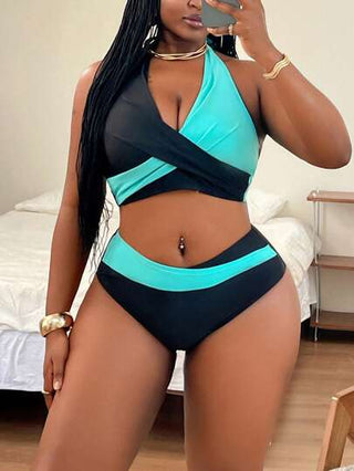 SHEIN Slayr CURVE بيكيني مقاسات كبيرة سيدات 2 قطعة مجموعة لون تباين حزام متقاطع خصر عالي مثلث، للاستخدام اليومي، البحر، الكاجوال، العطلات