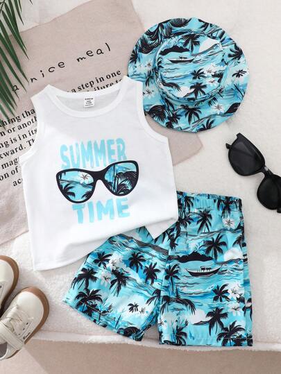 SHEIN طقم أطفال بنات 3 قطع للصيف، ملابس علوية بطبعة حرفية أبيضة أنيقة، شورت بطبعة أشجار جوز الهند للشاطئ، قبعة مناسبة، مناسب للرحلات الشاطئية والاستخدام اليومي العادي والأنشطة الخارجية
