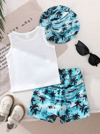 SHEIN طقم أطفال بنات 3 قطع للصيف، ملابس علوية بطبعة حرفية أبيضة أنيقة، شورت بطبعة أشجار جوز الهند للشاطئ، قبعة مناسبة، مناسب للرحلات الشاطئية والاستخدام اليومي العادي والأنشطة الخارجية