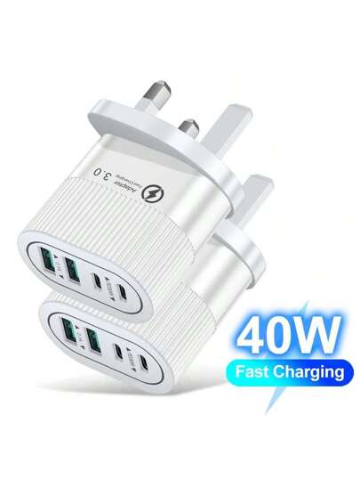 شاحن سريع متعدد المنافذ 40 وات، 2 مخرج تيار متردد و2 مخرج تيار ، متوافق مع أجهزة أبل 16 و15 و14 و13 والأجهزة اللوحية والأجهزة الذكية والسماعات والساعات. مناسب للسفر والمكتب والغرف الجامعية والاستخدام المنزلي