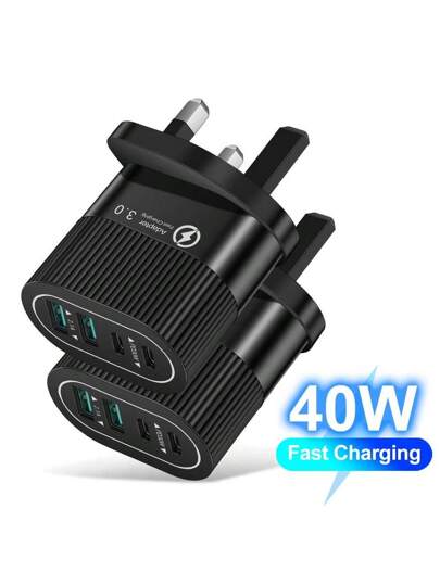 شاحن سريع متعدد المنافذ 40 وات، 2 مخرج تيار متردد و2 مخرج تيار ، متوافق مع أجهزة أبل 16 و15 و14 و13 والأجهزة اللوحية والأجهزة الذكية والسماعات والساعات. مناسب للسفر والمكتب والغرف الجامعية والاستخدام المنزلي