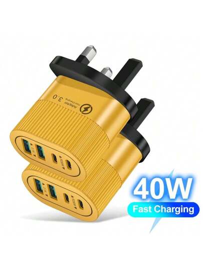 شاحن سريع متعدد المنافذ 40 وات، 2 مخرج تيار متردد و2 مخرج تيار ، متوافق مع أجهزة أبل 16 و15 و14 و13 والأجهزة اللوحية والأجهزة الذكية والسماعات والساعات. مناسب للسفر والمكتب والغرف الجامعية والاستخدام المنزلي
