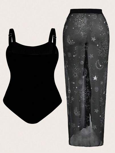 Swim Oasis بدلة سباحة قطعة واحدة ذات حمالات رفيعة باللون الأسود مع تنورة مطبوعة بنمط شامل ، طقم بدلة سباحة مكون من قطعتين لقياسات كبيرة