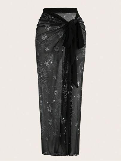 Swim Oasis بدلة سباحة قطعة واحدة ذات حمالات رفيعة باللون الأسود مع تنورة مطبوعة بنمط شامل ، طقم بدلة سباحة مكون من قطعتين لقياسات كبيرة