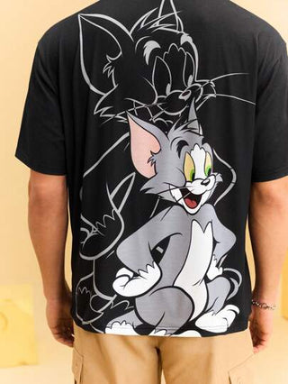 TOM & JERRY X SHEIN تيشيرت رجالي بأكمام قصيرة وياقة دائرية بطبعة كرتونية، صيفي