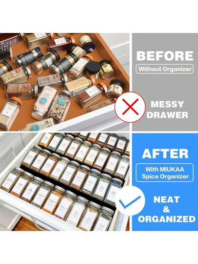 منظم بهارات أدراج أسود، 1/4 عبوة منظم أدراج أكريليكي للبهارات، قابل للتوسيع من 13 إلى 26 بوصة، رف بهارات مطبخ للأدراج/أسطح المطابخ (البرطمانات غير مُتضمّنة)