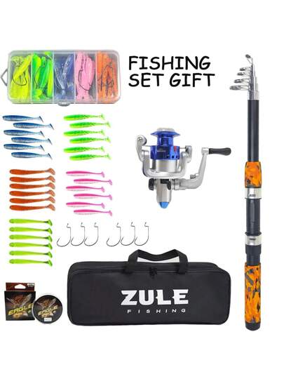 حزمة أدوات صيد جديدة ، صيد مستقيم قابل للتلسكوب بطول 2.10 متر ، بكرة صيد بلونين مع خيط صيد أخضر بطول 50 متر ، طُعم ناعم وخطافات ، مثالية للصيادين المبتدئين ، هدية مثالية