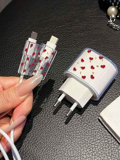 حافظة ذات شكل قلب أحمر لقابس الشحن الأوروبي الدائري 14 برو ماكس، تناسب أجهزة آيفون 13 و 15 و 16 الأوروبية ، غطاء حماية لملحق كبل 20 واط ، حامي الكبل والشاحن