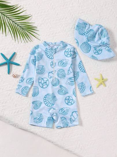 مايوه أولادي ملابس سباحة قطعة واحدة للأولاد الرضع بطبعة شواطئ موسم الأعياد