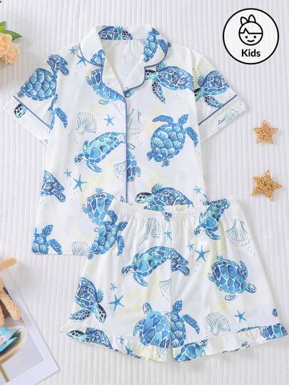 بيجاما مجموعتان من بيجامات الأطفال، طقم صيفي جديد من السترات القصيرة الكاجوال مطبوع عليها سلاحف البحر الزرقاء، قابل للغسل، ملابس بيجاما مناسبة للأطفال الكبار