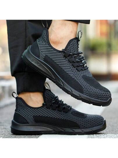 أحذية أمان للرجال مزودة بتقنية التهوية وأقدام معدنية مقاومة للتحطيم والاختراق واللبس،أحذية رياضة سلامة خفيفة الوزن مانعة للانزلاق باللون الأسود والرمادي