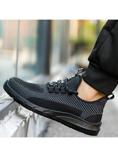 أحذية أمان للرجال مزودة بتقنية التهوية وأقدام معدنية مقاومة للتحطيم والاختراق واللبس،أحذية رياضة سلامة خفيفة الوزن مانعة للانزلاق باللون الأسود والرمادي