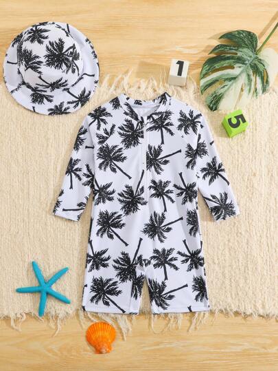 مايوه أولادي طقم ملابس سباحة للأطفال الصغار، بدلة سباحة كم طويل مزينة بطبعات ديناصورات كرتونية جذابة مع قبعة واقية من الشمس، مناسبة للعطلات الصيفية والشاطئ والتزلج على الماء والحدائق المائية