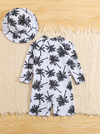 مايوه أولادي طقم ملابس سباحة للأطفال الصغار، بدلة سباحة كم طويل مزينة بطبعات ديناصورات كرتونية جذابة مع قبعة واقية من الشمس، مناسبة للعطلات الصيفية والشاطئ والتزلج على الماء والحدائق المائية