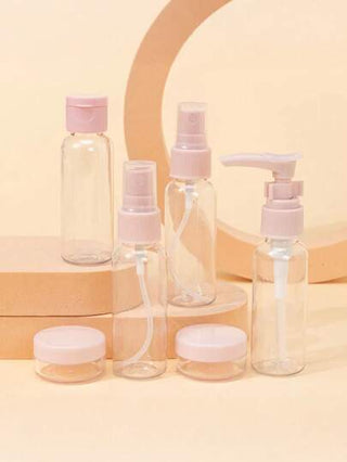 7 قطع مجموعة زجاجات تجميل للسفر - حاويات تجميل سيليكون مقاومة للتسرب مع مرذاذ للكريمات والشامبو والكريمات | مجموعة زجاجات قابلة لإعادة التعبئة للطائرة والتخييم