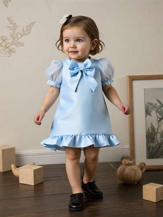 فساتين بيبي Glamorique Kids فستان أنيق وشامل للمناسبات المختلفة للأطفال البنات، باللون الأزرق، به فيونكة مقاس كبير وأكمام متفرقة من التل اللامع والشبك وحاشية فرشاة من قماش الساتان اللامع، مناسب لحفلات عيد الميلاد والربيع/الصيف