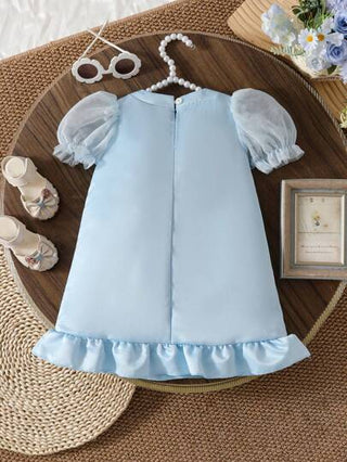 فساتين بيبي Glamorique Kids فستان أنيق وشامل للمناسبات المختلفة للأطفال البنات، باللون الأزرق، به فيونكة مقاس كبير وأكمام متفرقة من التل اللامع والشبك وحاشية فرشاة من قماش الساتان اللامع، مناسب لحفلات عيد الميلاد والربيع/الصيف