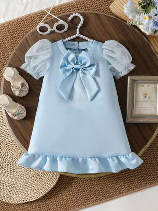 فساتين بيبي Glamorique Kids فستان أنيق وشامل للمناسبات المختلفة للأطفال البنات، باللون الأزرق، به فيونكة مقاس كبير وأكمام متفرقة من التل اللامع والشبك وحاشية فرشاة من قماش الساتان اللامع، مناسب لحفلات عيد الميلاد والربيع/الصيف