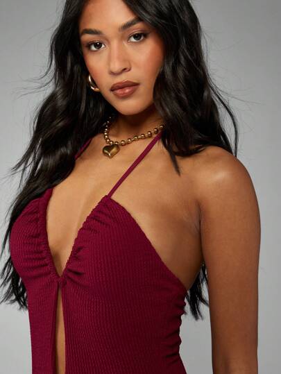 مايوه حريمي قطعة واحدة MISSGUIDED بدلة سباحة قطعة واحدة ذات خصر مكشوف من الخلف وذات ربطة على الرقبة مع جروح