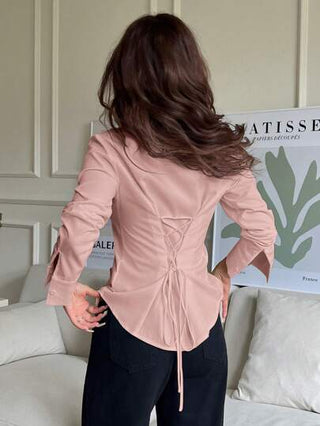 EZwear قميص نسائي أحادي اللون ذو صف أزرار واحد وربطة خلفية وأكمام طويلة، موسم الصيف