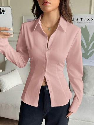 EZwear قميص نسائي أحادي اللون ذو صف أزرار واحد وربطة خلفية وأكمام طويلة، موسم الصيف