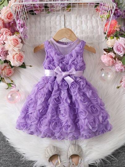 فساتين بيبي فستان بناتي طويل برقبة على شكل حرف V مزين بزهور مطرزة ونسيج شبكي بدون أكمام مع فيونكة، مناسب للمناسبات الخارجية والأعياد والمناسبات الراقية