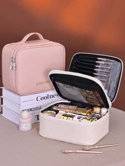 حقيبة مستحضرات تجميل نسائية كبيرة الحجم من جلد البولي يوريثان، ذات طبقتين سعة كبيرة، مقصورة مستحضرات تجميل صغيرة، حقيبة لوازم تجميل، حقيبة مستحضرات للعروس/حفل الزفاف، الحفلات، هدية للزميلة/الأم/الصديقة