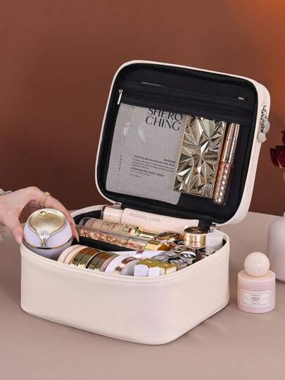 حقيبة مستحضرات تجميل نسائية كبيرة الحجم من جلد البولي يوريثان، ذات طبقتين سعة كبيرة، مقصورة مستحضرات تجميل صغيرة، حقيبة لوازم تجميل، حقيبة مستحضرات للعروس/حفل الزفاف، الحفلات، هدية للزميلة/الأم/الصديقة