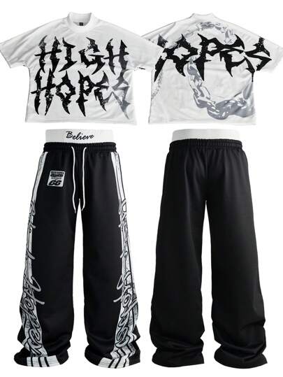 Manfinity Streetrush طقم رياضي رجالي بطراز الشارع مستوحى من تصميم الشارع العالي، بميزات جرافيك ضخمة، وطباعة الحروف والخطوط في طقم قميص أبيض وأسود متباين. قميص كم خفاش ذو فتحة كبيرة بتفاصيل خصر 2 في 1 وبنطلون بولو أسود. هذا الطقم من علامة الأزياء الشارعية