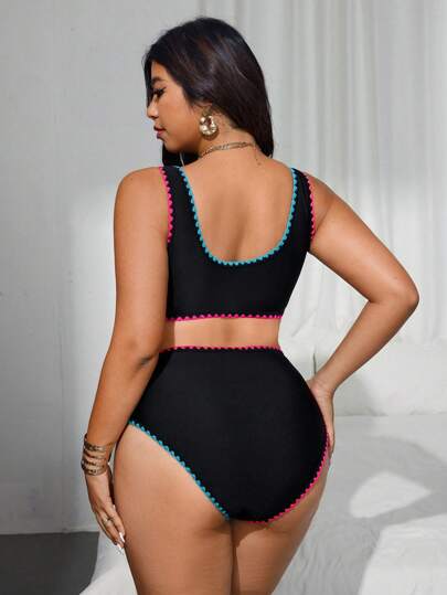 Swim Vcay ملابس سباحة كاجوال قطعتين لمقاسات كبيرة صلبة للنساء، بدون أكمام