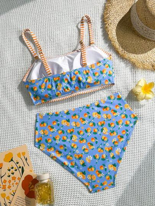 SHEIN Swim Curve امرأة بحجم كبير مجموعة مكونة من 2 قطعة، ملابس علوية صدرية مطبوعة بالفاكهة الزرقاء + سروال طباعة خصر عالي 3 قطع، بذلة صيفية للشاطئ والإجازة