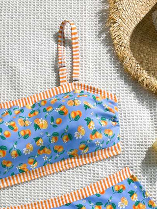 SHEIN Swim Curve امرأة بحجم كبير مجموعة مكونة من 2 قطعة، ملابس علوية صدرية مطبوعة بالفاكهة الزرقاء + سروال طباعة خصر عالي 3 قطع، بذلة صيفية للشاطئ والإجازة