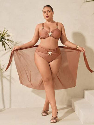 Swim Oasis 3 قطع مجموعة بدلة السباحة بلا أكمام المزينة بالمعدن مع باروك أسلوب قطع وبتنورة منفصلة لإطلالة استرخائية على الشاطئ، خلال الصيف، مناسبة للمقاسات الكبيرة