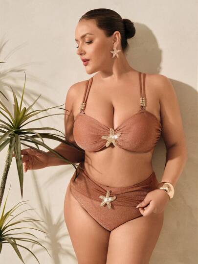 Swim Oasis 3 قطع مجموعة بدلة السباحة بلا أكمام المزينة بالمعدن مع باروك أسلوب قطع وبتنورة منفصلة لإطلالة استرخائية على الشاطئ، خلال الصيف، مناسبة للمقاسات الكبيرة