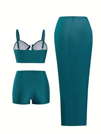 Swim Oasis مجموعة من 3 قطع للمرأة الحجم الكبير، ملابس علوية كحلي بني منقوشة بالبط المائي، سروال تحتي غارق والتنورة الشاملة المصنوعة من قماش شفاف ،مثالي للشاطئ والعطلات الصيفية