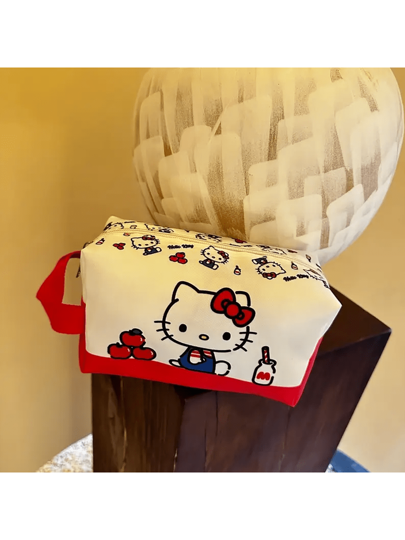 Sanrio حقيبة تجميل ذات سعة كبيرة ل- هالو كيتي مع مقبض أحمر - تصميم كرتوني جميل، مثالي للسفر وتنظيم مستلزمات الحمام | حقيبة هدايا مثالية للعطلات، حقيبة تخزين للحمام | إكسسوار ممتع | نسيج متين لاكسسوارات هالو كيتي