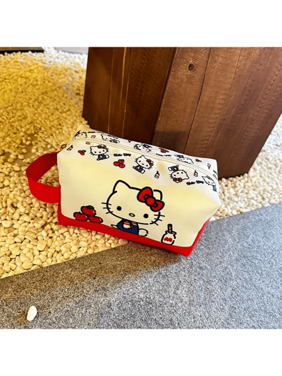 Sanrio حقيبة تجميل ذات سعة كبيرة ل- هالو كيتي مع مقبض أحمر - تصميم كرتوني جميل، مثالي للسفر وتنظيم مستلزمات الحمام | حقيبة هدايا مثالية للعطلات، حقيبة تخزين للحمام | إكسسوار ممتع | نسيج متين لاكسسوارات هالو كيتي