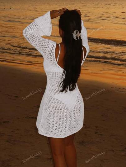 فستان قصير أنيق طويل الأكمام مع فتحات للنساء غطاء السباحة، بطراز بوهيمي أنيق للعطلة في الشاطئ، أسلوب العنق على شكل V