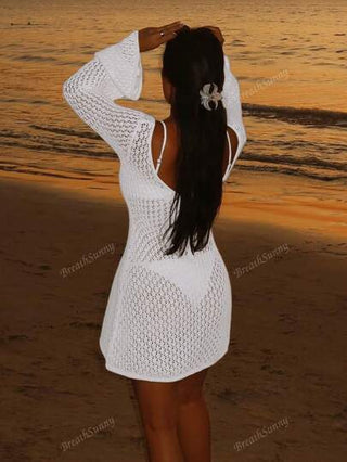 فستان قصير أنيق طويل الأكمام مع فتحات للنساء غطاء السباحة، بطراز بوهيمي أنيق للعطلة في الشاطئ، أسلوب العنق على شكل V