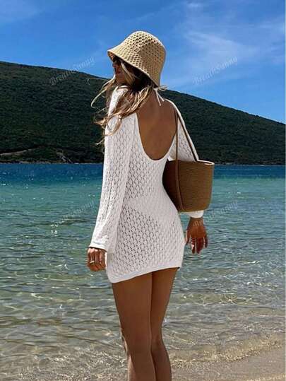 فستان قصير أنيق طويل الأكمام مع فتحات للنساء غطاء السباحة، بطراز بوهيمي أنيق للعطلة في الشاطئ، أسلوب العنق على شكل V