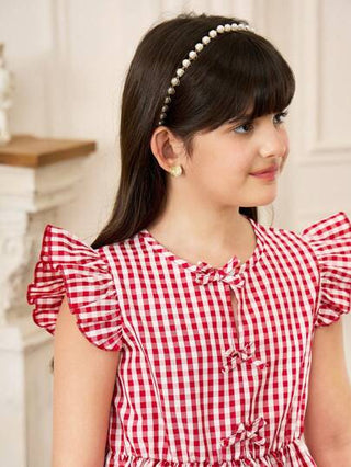 girls-sets فستان بنات كبير الحجم للصيف عادي مربعات - تي شيرت مزين بعقدة وبنطلون طويل 2 قطعة