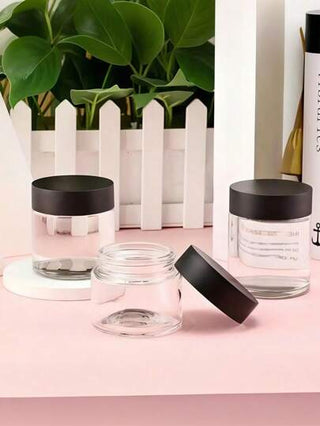 2 قطعة أوعية بلاستيكية للتخزين بقطر 7.1 سم مع أغطية، قنينات لتعبئة الألوان والكريمات والأقنعة، قنينات كريم العين والوجه، قنينات تجريبية بفم عريض شفافة من البولي إيثيلين ثنائي، قنينات تعبئة مستحضرات التجميل