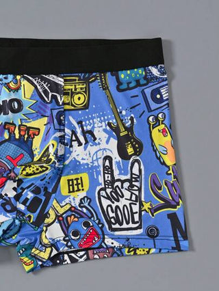 3 قطع من ملابس داخلية للرجال، بطباعة كرتونية عشوائية وغرافيتي، بشريط مرن مريح