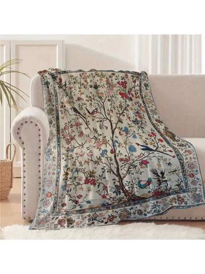 بطانية من فلانيل مزخرفة بنقشات زهور و طيور عتيقة | 100٪ بولي إستر | متعددة الألوان, بطانية مريحة للجميع المواسم للأريكة والسرير والسيارة والمكتب والسفر | تصميم مُريح منسوج بشكل شجرة نابض بالحياة | هدية مثالية لديكور المنزل
