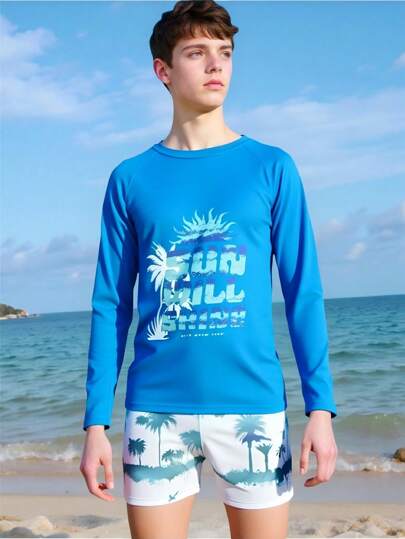 مايوه أولادي طقم ملابس السباحة المزين بطبعة أشجار جوز الهند للصبية المراهقين، عطلة نزهة الشاطئ