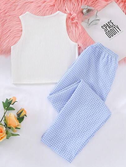 مايوه حريمي قطعة واحدة مجموعة بلايز أزرق مخطط ناعمة وبنطلون وردي ذو طبعة أرنب كارتوني مريحة للبيت للفتيات 2 قطعة