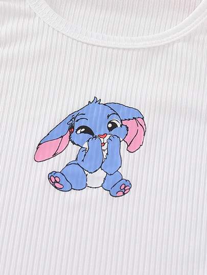 مايوه حريمي قطعة واحدة مجموعة بلايز أزرق مخطط ناعمة وبنطلون وردي ذو طبعة أرنب كارتوني مريحة للبيت للفتيات 2 قطعة