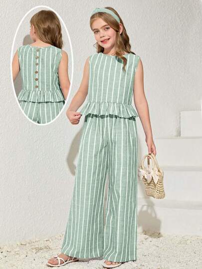 تيشيرتات بناتي طقم ملابس علوية أكمام بلا وبنطال مستقيم مخطط للبنات المراهقات، اطقم كاجوال للإجازات، قطعتان